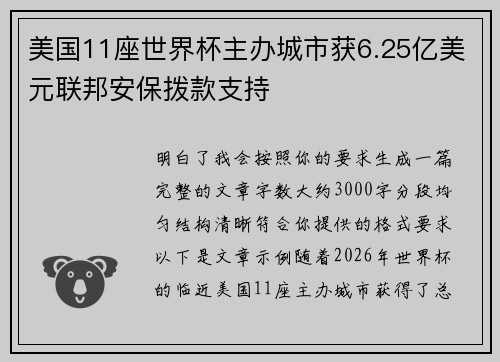 美国11座世界杯主办城市获6.25亿美元联邦安保拨款支持