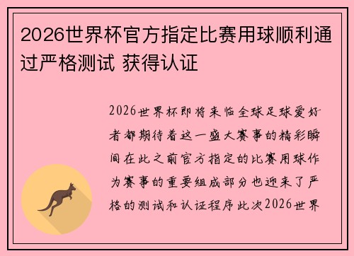 2026世界杯官方指定比赛用球顺利通过严格测试 获得认证